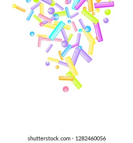 Sprinkles grainy. Sweet confetti on white chocolate glaze background. Sprinkle Cupcake, donuts, dessert, sugar, bakery background. Confetti Vector Illustration for holiday designs, party, birthday.