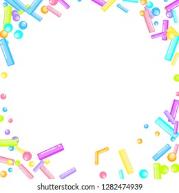 Sprinkles grainy. Sweet confetti on white chocolate glaze background. Sprinkle Cupcake, donuts, dessert, sugar, bakery background. Confetti Vector Illustration for holiday designs, party, birthday.