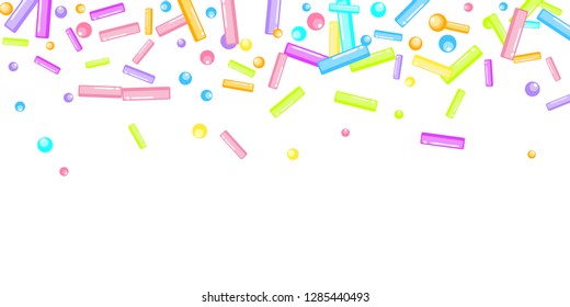 Sprinkles grainy. Sweet confetti on white chocolate glaze background. Sprinkle Cupcake, donuts, dessert, sugar, bakery background. Confetti Vector Illustration for holiday designs, party, birthday.