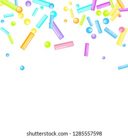 Sprinkles grainy. Sweet confetti on white chocolate glaze background. Sprinkle Cupcake, donuts, dessert, sugar, bakery background. Confetti Vector Illustration for holiday designs, party, birthday.