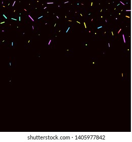 Sprinkles grainy. Sweet confetti on chocolate glaze background. Cupcake, donuts, dessert, sugar, bakery background. Vector Illustration sprinkles grainy holiday, party, birthday, invitation.