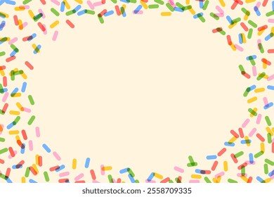 Sprinkles grainy. Sweet confetti on white chocolate glaze background. Cupcake, donuts, dessert, sugar, bakery background. Vector Illustration for holiday designs, party, birthday, wedding invitation.