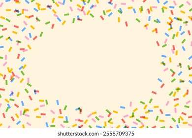 Sprinkles grainy. Sweet confetti on white chocolate glaze background. Cupcake, donuts, dessert, sugar, bakery background. Vector Illustration for holiday designs, party, birthday, wedding invitation.