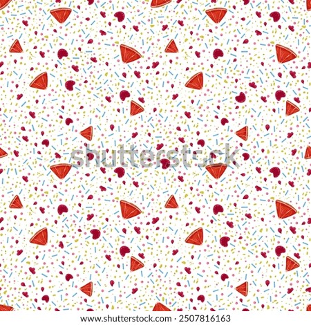 Sprinkles seamless pattern. Colorful sweet confetti background. Vector bakery texture. Nonpareils, dried fruits, food decor print on white background. Design invitation holiday, party, birthday.