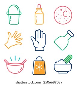 Sprinkling hand gesture. Condiment, salt, sugar, spices concept colorful linear icons. color offset line icons flat color outline vector sign collection set.