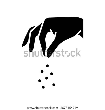 Sprinkling hand gesture icon. Simple glyph style. Condiment, salt, sugar, spice, seasoning, pinch, pick, chef, sprinkle, pepper, food concept. Silhouette, solid symbol. Isolated design.