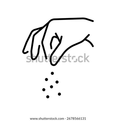 Sprinkling hand gesture icon. Simple outline style. Condiment, salt, sugar, spice, seasoning, pinch, pick, chef, sprinkle, pepper, food concept. Thin line symbol. Isolated design.