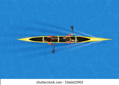 Sprint Double canoe and paddler on water surface. Top view of Equipment whitewater sprint canoeing in moving. Vector Illustration