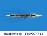 Sprint Four canoe and paddler on water surface. Top view of Equipment whitewater sprint canoeing in moving. Vector Illustration