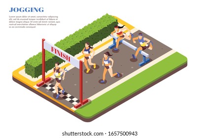 Corredores de carreras de obstáculos de velocidad saltando sobre obstáculos cruzando la línea de meta composición isométrica deporte jogging ilustración vectorial 