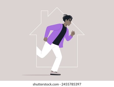 Sprint of Independence, a person Escaping the Confines of Home, A character dashes forward, symbolically breaking free from a house outline