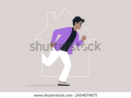 Sprint of Independence, a person Escaping the Confines of Home, A character dashes forward, symbolically breaking free from a house outline