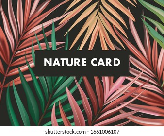 Sprint paln rainforest jungle background. Colorful macro leaves illustration. Red and green leaves tropical exotic paradise vector design on dark wallpaper. Modern graphic card.