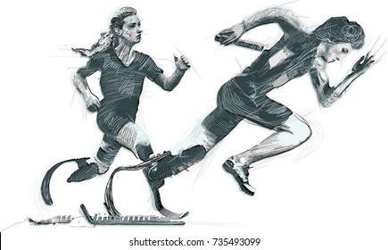 SPRINT RACING, RUNNING. From the series SILENT HEROES - Athletes with physical disabilities. An hand drawn vector. Note - Any accurate photo original for this picture, original is created by me.
