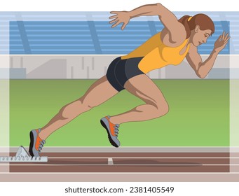sprint runner, female, racing on track from starting position