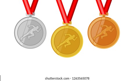 Sprint Running Complete Shinny Medals Set Gold Siver And Bronze In Flat Style