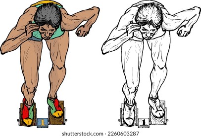 Sprinter athlete takeoff from a starting block, isolated against white. Hand drawn vector illustration.