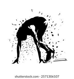 Sprinter kneeling in blocks. Athlete waiting to start, isolated vector silhouette with dipersion effect, athletics