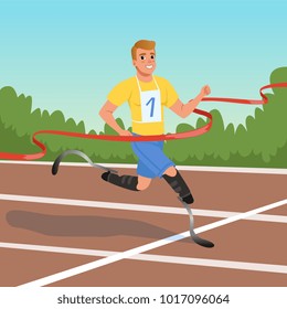 Sprinter with prosthetic legs taking part in running competitions. Athlete with disabilities. Paralympic games. Cartoon sportsman crossing finish tape. Flat vector design