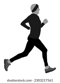 Sprinter runner senior man vector illustration isolated on white background. Mature marathon racer running. Sport man activity. Athlete male in explosive start of race. Urban outdoor exercise.