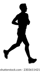 Sprinter runner vector silhouette illustration isolated on white background. Marathon racer running silhouette. Sport man activity shape. Athlete boy in explosive start of race. Muscular male focus.
