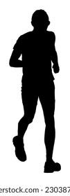 Sprinter runner vector silhouette illustration isolated on white background. Marathon racer running silhouette. Sport man activity shape. Athlete boy fast walk start race. Muscular male fast walking.