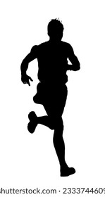 Sprinter runner vector silhouette illustration isolated on white background. Marathon racer running silhouette. Sport man activity shape. Athlete boy in explosive start of race. Muscular male focus.