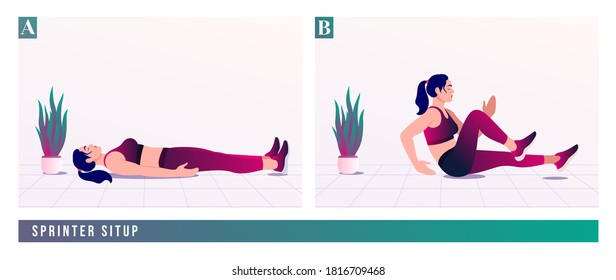 Sprinter Sit up übung, Frauen trainieren Fitness, Aerobic und Übungen. Vektorgrafik.	