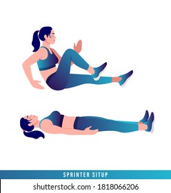 Sprinter Sit up exercise, Women workout fitness, aerobic and exercises. Vector Illustration.	