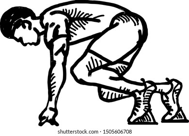 A sprinter at the starting block. Hand drawn vector illustration.