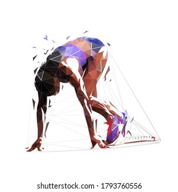 Sprinter woman kneeling in blocks. Low poly female runner waiting at start, isolated vector geometric illustration. Triangles. African american polygonal athlete