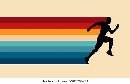  Sprinting man vector silhouette. Sprint, fast run. Runner starts running. Start. Vintage Striped Backgrounds, Posters, Banner Samples, Retro Colors from the 1970s 1980s, 70s, 80s, 90s. retro vintage