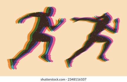 Sprinting man and woman with riso print effect. Graphic element for flyer, wallpaper, poster. Graphic element. Vintage decoration of 70s 80s, 90s. Aesthetics of the risograph. Vaporwave style