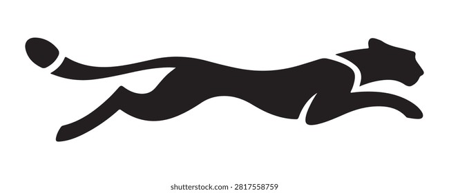 Sprinting wild cat icon, fast cheetah silhouette, predatory animal leap, speed symbol graphic, nature element.