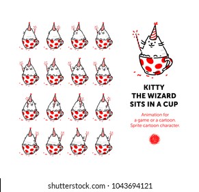 Sprite cartoon character of the cat. Set of different poses of the character in the vector. A looped animation of the rotation of the seal in the cup. 