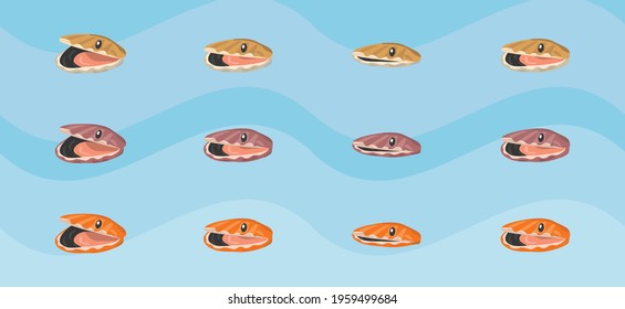 Sprite of oysters of various colors opening and closing the mouth