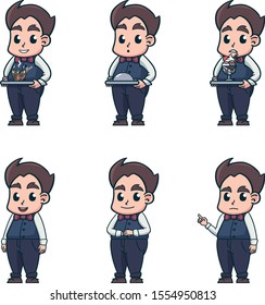 Sprite Pack of a Waiter carrying food, pointing diagonally and barehanded. There are also options for different facial emotions