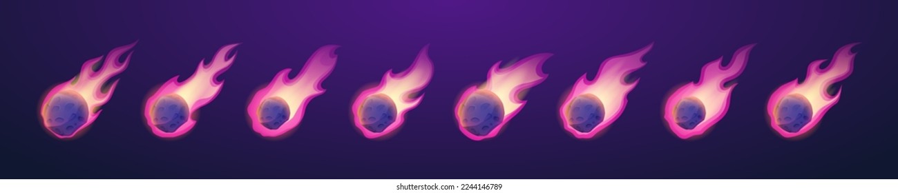 Conjunto de asteroides esprimidos que caen con el rastro de fuego aislado en el fondo oscuro. Dibujo vectorial de dibujos animados de objetos de piedra cósmica volando en el espacio, quemándose con llama de color. Animación por desastres naturales