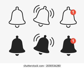 Sprite Set Of Different States Of The Simple Bell Notification Icon.
Set Of Line Style And Solid With Red Circle Vector Icons Isolated On Background. 
Calm, Call, Income Notice.