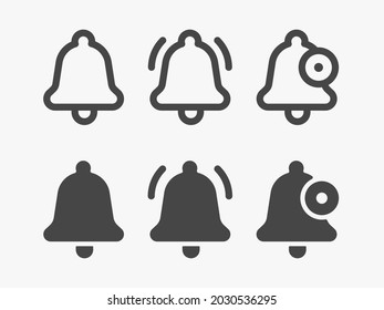 Sprite Set of Different States of the Simple Bell Notification Icon.
Set of Line Style and Solid one color vector icons isolated on background. 
Calm, Call, Income Notice.