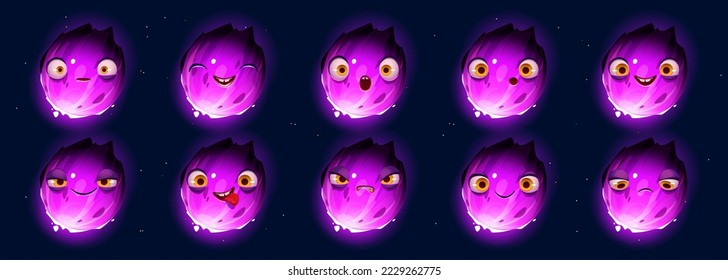 Sprite set of fantasy planet with different emotions on starry sky background. Vector cartoon illustration of purple cosmic globe with big eyes and mouth, smiling, happy, sad, angry and surprised