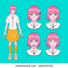 Sprite sheet of an anime girl with pink hair. Design of a
cartoon character showing different expressions and emotions.