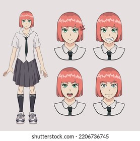 Sprite sheet of an anime girl with red hair. Design of a
cartoon character showing different expressions and emotions.