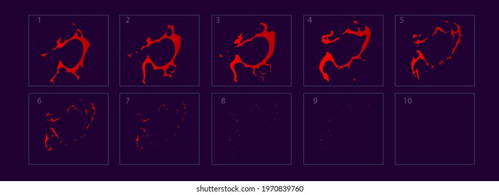 Sprite Sheet Of A Blood Splash. Red Color Animation For Game, Cartoon, Motion Or Something Else.