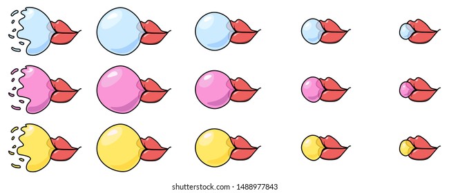 A sprite sheet, a bubble gum, mouth. Step-by-step animation of the increase in chewing gum in the mouth, maximum size, explosion. Colors of sets: pink, blue, yellow. Animation for a game or a cartoon.