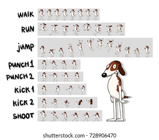 Sprite sheet of cartoon character. The cartoon dog. Action pack: 
walk, run, jump, punches, kicks, shoot. Animation for game, cartoon or something else.