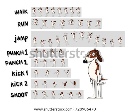Sprite sheet of cartoon character. The cartoon dog. Action pack: 
walk, run, jump, punches, kicks, shoot. Animation for game, cartoon or something else.