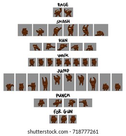 Sprite Sheet Of Cartoon Character. Pack Of Actions. Loop Animation Of Walk And Run. Animation Of Wild Bear Or Beast For Game Or Cartoon.