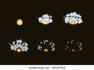 Sprite Sheet For Cartoon Fog Fire Explosion, Mobile, Flash Game Effect Animation. 8 Frames On Dark Background.