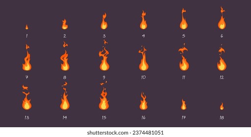 Espiral de fuego, antorcha, fogata, trampa de fuego, marco de la secuencia del pilar de fuego, elementos de diseño de movimiento. Animación para juegos, dibujos animados, efectos visuales. Elementos de diseño de movimiento. Ilustración del vector de dibujos animados